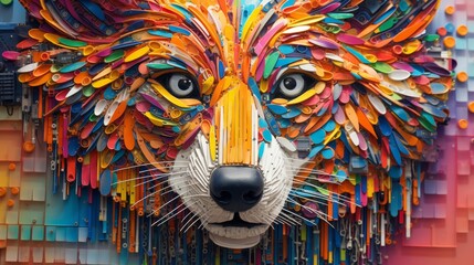 Close-up of a wolf head morphing into a colourful electronic board, embodying a powerful technology concept, origami, futuristic neon, hyper-realistic photography