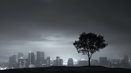 The silhouette of a lone tree against a futuristic skyline, a powerful monochromatic capture symbolizing hope, enhanced by elegant ambient light