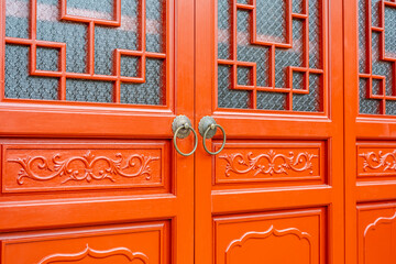 Chinese garden ancient building red lacquer lattice door copper door knocker