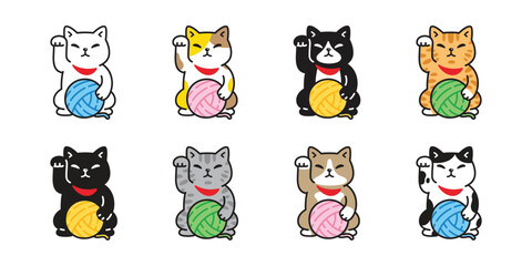 cat vector manekineko kitten icon yarn ball calico neko pet cartoon character munchkin illustration symbol clip art isolated design