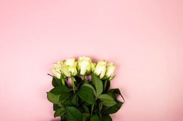 Top view of white roses bouquet on pink background. Flat lay, copy space.
