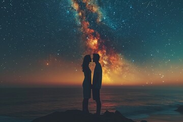 Silhouette of a couple embracing against a starry sky and ocean backdrop.