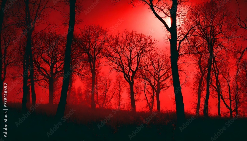 Wall mural Silhouettes of trees on a red background. Horror or ecological concept. Red light and silhouette of trees.