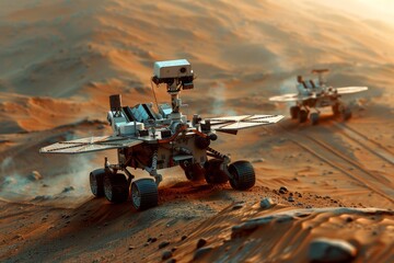 Robot rover with solar panels navigates a desert-like Martian landscape.