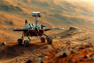 Robot rover with solar panels navigates a desert-like Martian landscape.