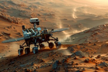 Robot rover with solar panels navigates a desert-like Martian landscape.