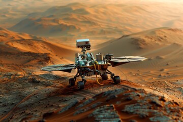 Robot rover with solar panels navigates a desert-like Martian landscape.