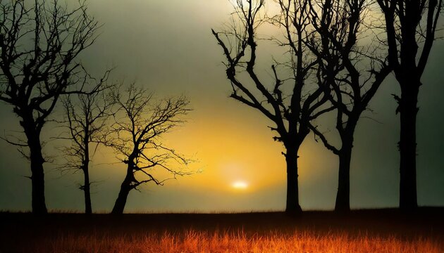 misty morning sunrise, wallpaper Silhouettes of trees background. Horror or ecological concep light and silhouette of trees.