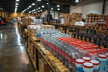 An assortment of beverages and canned goods line the shelves in a well-lit grocery store aisle.