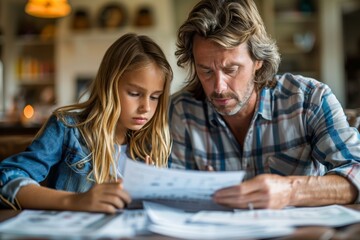 A concerned father and daughter go over documents together in a focused setting.