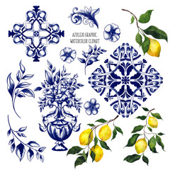 Watercolor clipart. Azulejo graphic element, Madonna, lemon, vase, angel, tile, floral, landscape. Mediterranean illustration. Portugal mural, isolated on transparent background. PNG file 