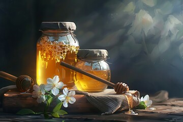 a warm and rustic still life scene featuring two jars of golden honey