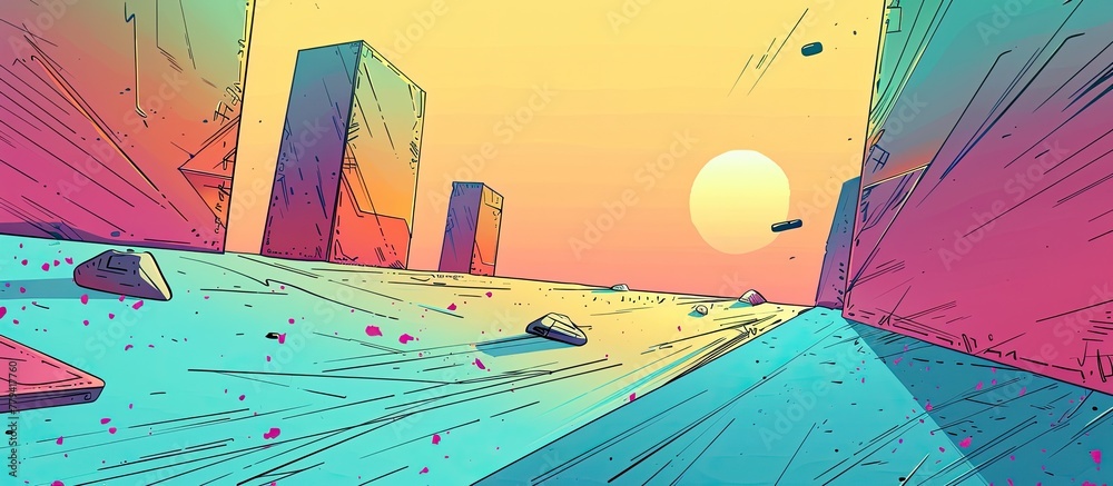 Sticker a cartoon drawing of a city with a sunset in the background, featuring water, swimming pool, buildin