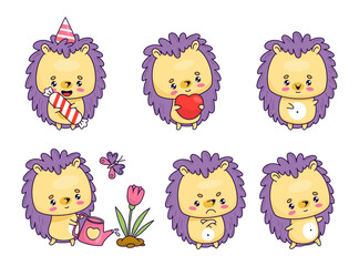 Cute hedgehog collection. Funny cartoon animal birthday boy, with flower, heart, with garden watering can and flower, cheerful and sad. Vector isolated holiday kawaii characters