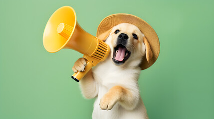 Little dog announcing using megaphone. Notifying, warning, announcement.