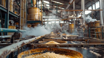 Industrial grain processing facility interior with conveyor belts.