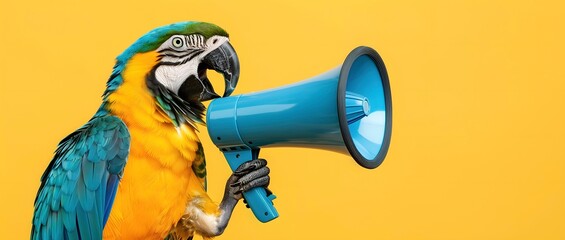 Macaw parrot bird announcing using megaphone. Notifying, warning, announcement.