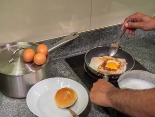 Breakfast - Fried Egg, Bread, in kitchen