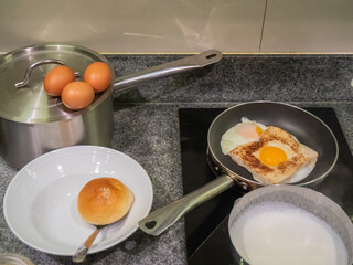 Breakfast - Fried Egg, Bread, in kitchen
