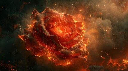 Burning Red Rose Engulfed in Thick Black Smoke