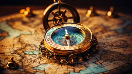 Photo of a vintage compass lying on ancient maps. The atmosphere of travel and adventure. Generative AI