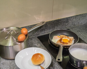 Breakfast - Fried Egg, Bread, in kitchen