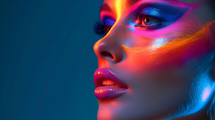 Fashion model woman face with fantasy art make-up Bold, generative Ai