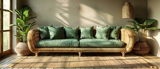 Modern living room with rattan sofa green cushions wicker basket and plants. Concept Home Decor, Rattan Furniture, Green Accents, Wicker Basket Storage, Indoor Plants