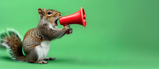 Squirrel announcing using megaphone. Notifying, warning, announcement.
