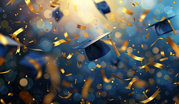 Graduation caps soaring through the air. The concept of graduation and achievements.