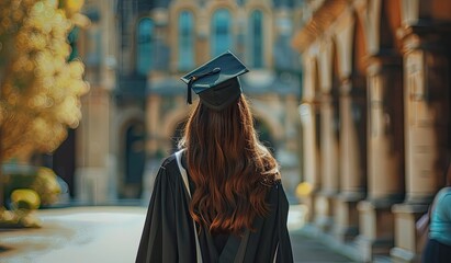 Woman in graduation cap and gown walking down street. The concept of graduation and achievements.