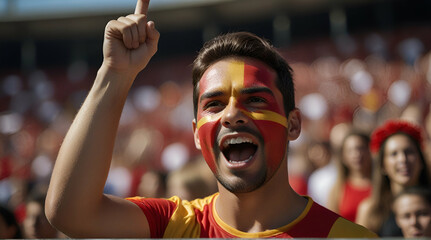 Excited spanish fan with face paint cheering at sports event with blurry stadium.generative.ai