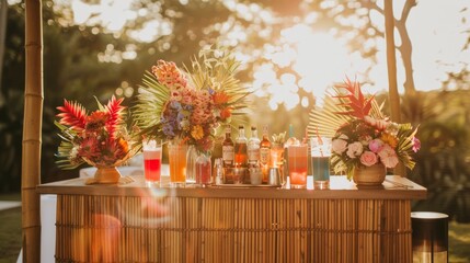 Outdoor tropical bar with colorful drinks at sunset, ideal for travel and lifestyle.