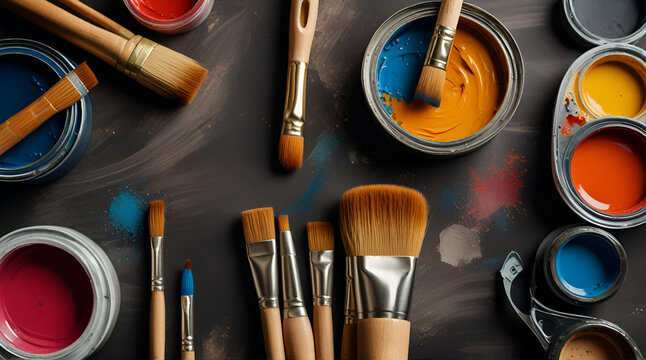set of accessories for painting with paints and brushes. fine art tools. creative composition in flatley style . top view.generative.ai