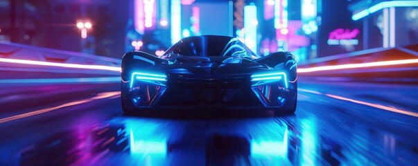 A sleek sports car bathed in neon lights speeds through a futuristic cityscape at night with neon...