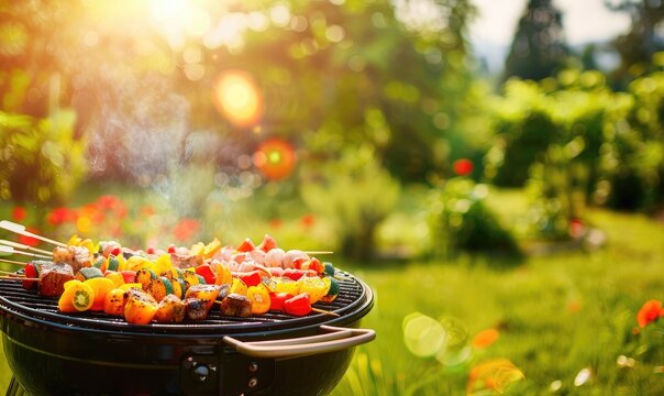 Vibrant image of grilled kebabs with a variety of vegetables and meats on a smoking barbecue in a garden.