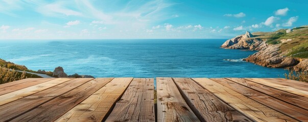 Tranquil scenery of a sparkling blue sea from a warm wooden dock, showing a clear sky, lush green trees, and distant ocean islands. copy space for text. banner.