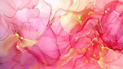 Pink and gold fluid art painting. Abstract marble texture background.