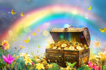 Mythical scene of a treasure chest brimming with Bitcoin amidst a magical field of flowers and butterflies - Concept of crypto riches and enchanting investments
