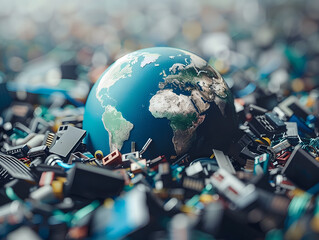 Old electronic devices on the world globe. E waste and recycling concept