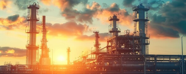 Majestic industrial landscape silhouette against a dramatic sunset sky, depicting energy sectors, pollution concept - obrazy, fototapety, plakaty