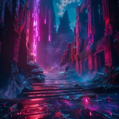 Explore legendary tales with neoninfused cinematic backgrounds - obrazy, fototapety, plakaty