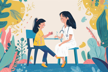Artistic Illustration Depicting a Friendly Doctor Giving a Vaccine to a Cooperative Child