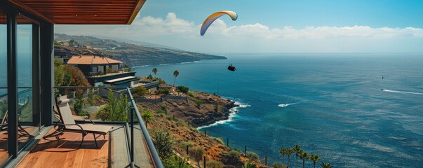 Modern cliffside villa overlooks the ocean with a paraglider soaring by, signifying luxury living...