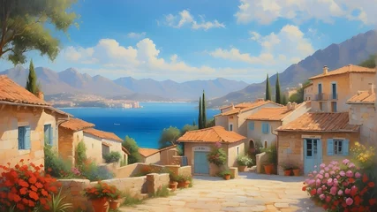 Foto op Canvas A little hamlet on the Mediterranean Sea with mountains in the backdrop and lovely summer weather is depicted in an oil painting. © Kashwat