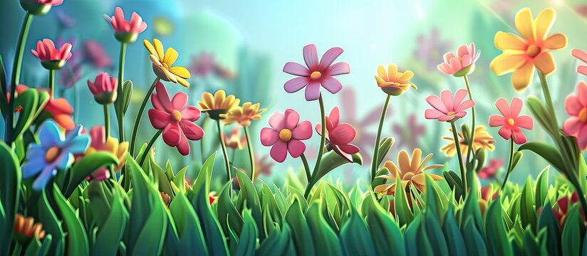 A variety of vibrant flowers are blooming in the lush green grass, creating a beautiful natural landscape. Each petal adds to the colorful art of the terrestrial plants in the meadow