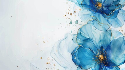Blue and gold abstract floral ink painting on white background.