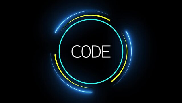 Abstract technology background animated with glowing neon circles and word CODE.