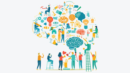 People filling up a brain with colorful objects flat vector - obrazy, fototapety, plakaty