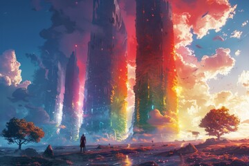 Rainbow pillars which connect to heaven standing still on the plain on fantasy realm